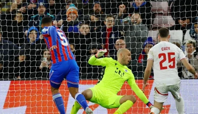 crystal palace s maxence lacroix scores their first goal past zrinjski mostar s goran karacic photo reuters