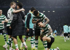 sporting lisbon s maximiliano araujo celebrates scoring his team s fourth goal in the clash against bodo glimt photo afp