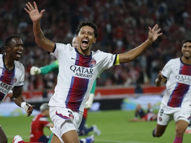paris saint germain s marquinhos celebrates scoring during the ligue 1 match against lille photo afp paris saint germain s marquinhos celebrates scoring during the ligue 1 match against lille photo afp