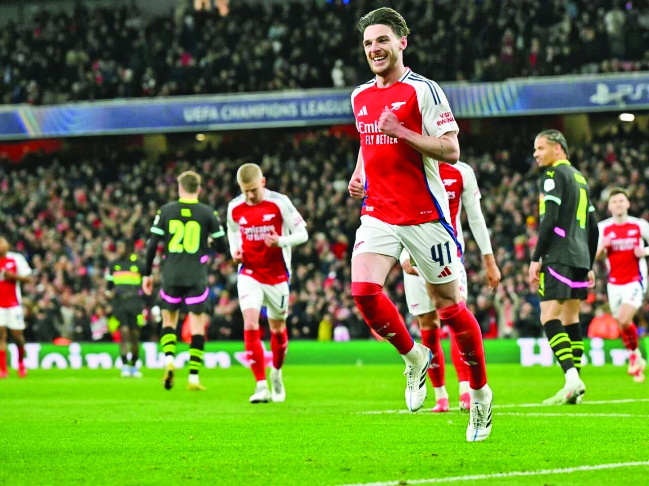 arsenal midfielder declan rice celebrates his goal against psv eindhoven photo afp arsenal midfielder declan rice celebrates his goal against psv eindhoven photo afp