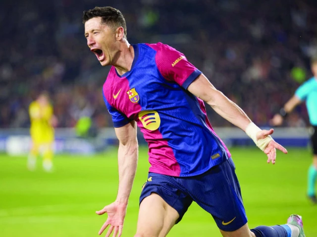 barcelona s polish forward robert lewandowski c celebrates scoring his team s second goal in the rout of dortmund photo afp barcelona s polish forward robert lewandowski c celebrates scoring his team s second goal in the rout of dortmund photo afp