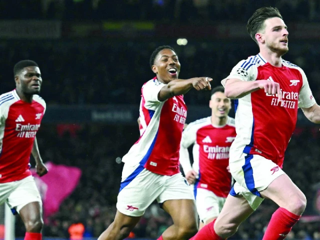 declan rice leads the celebration after scoring a stunning free kick against real madrid in the champions league photo afp
