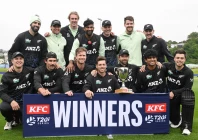 new zealand players celebrate with the series trophy after beating the west indies in the fifth t20i at dunedin photo afp new zealand players celebrate with the series trophy after beating the west indies in the fifth t20i at dunedin photo afp