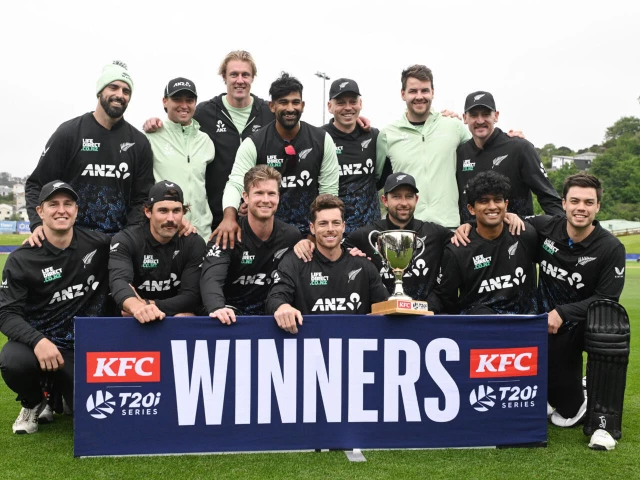 new zealand players celebrate with the series trophy after beating the west indies in the fifth t20i at dunedin photo afp new zealand players celebrate with the series trophy after beating the west indies in the fifth t20i at dunedin photo afp