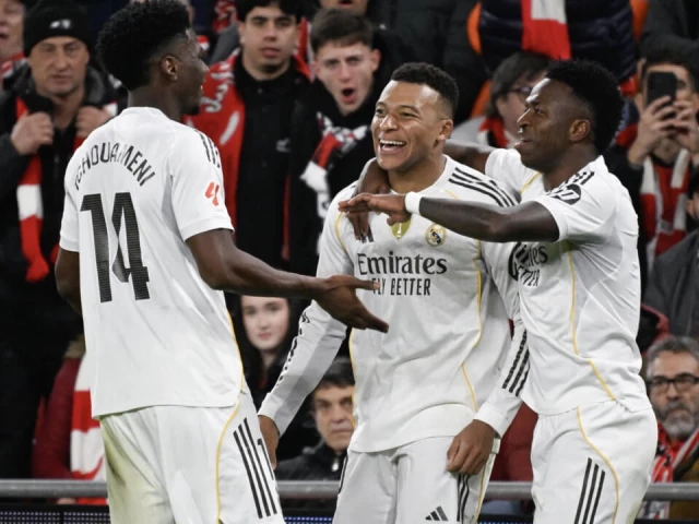 back on track kylian mbappe celebrates after scoring against athletic bilbao on wednesday as real madrid won on the road photo afp back on track kylian mbappe celebrates after scoring against athletic bilbao on wednesday as real madrid won on the road photo afp