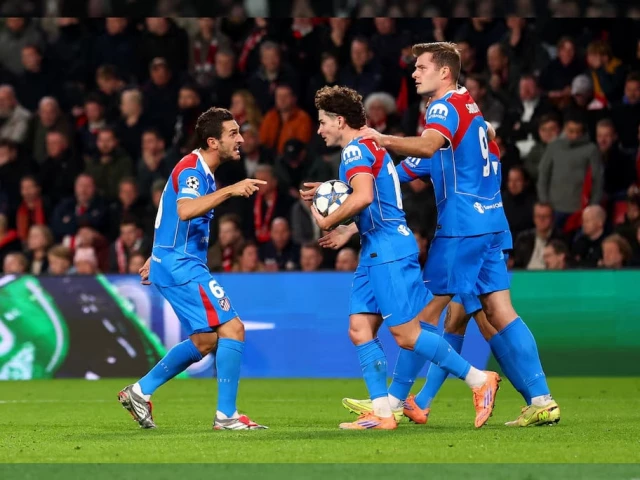 atletico madrid s julian alvarez celebrates scoring their first goal with koke and alexander sorloth photo reuters