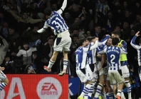 real sociedad s players celebrate their second goal scored by portuguese forward goncalo guedes in a thrilling battle against barcelona photo afp