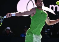 world number one carlos alcaraz hits a return during his win over germany s yannick hanfmann photo afp