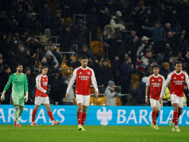 arsenal s william saliba and arsenal s gabriel magalhaes react after wolverhampton wanderers tom edozie scored their second goal photo reuters arsenal s william saliba and arsenal s gabriel magalhaes react after wolverhampton wanderers tom edozie scored their second goal photo reuters