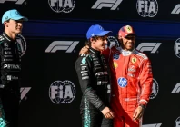 kimi antonelli c celebrates taking pole position next george russell l and lewis hamilton photo afp