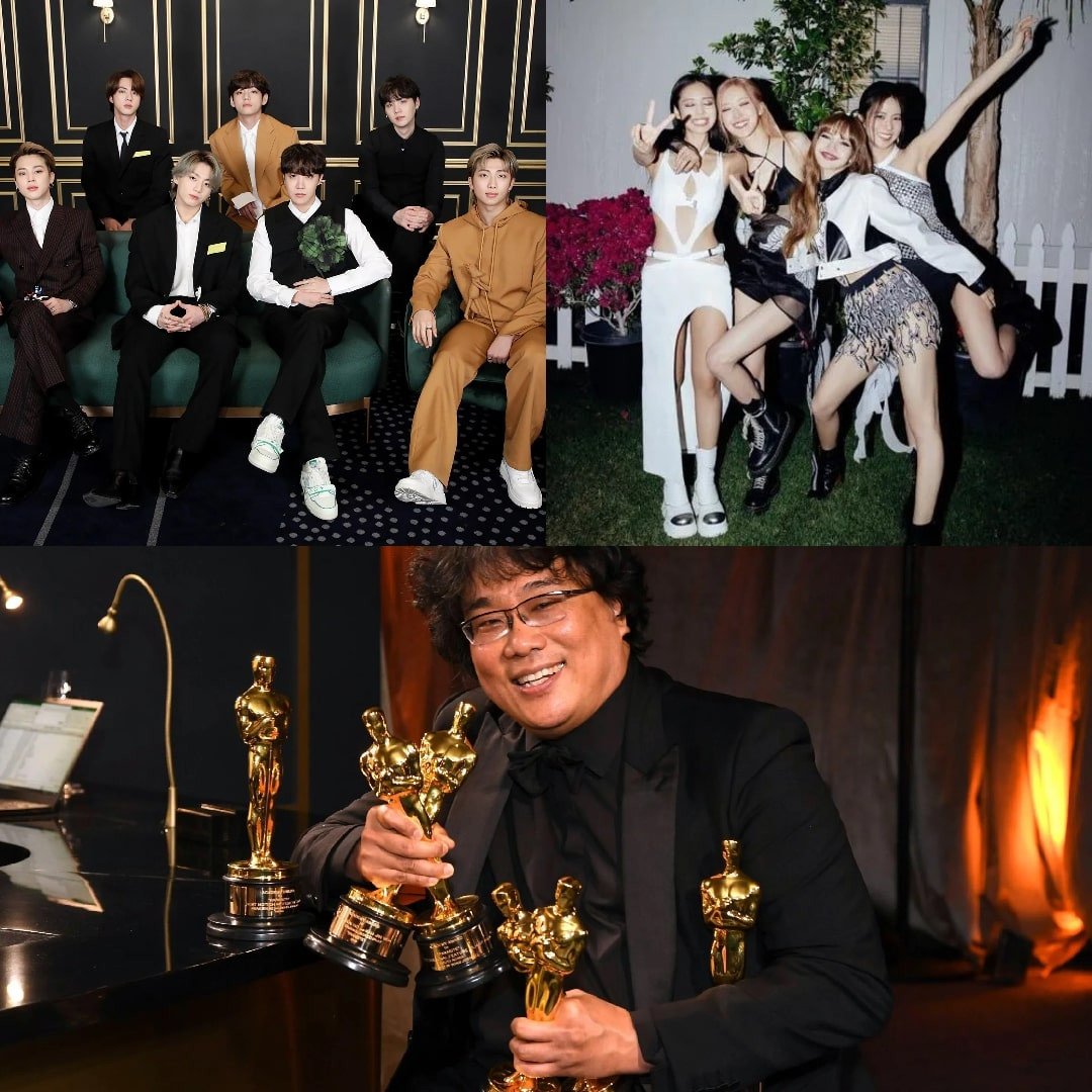Pictured: Bong Jon-hoo at the 92nd Academy Awards via AP/Shutterstock (bottom), BTS at the 63rd GRAMMY Awards (top left), BLACKPINK headlining Coachella 2023
