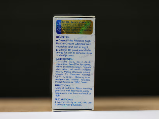 Ingredients and other information on a packaging of Amaira Goree Beauty care face cream. Photo/Reuters