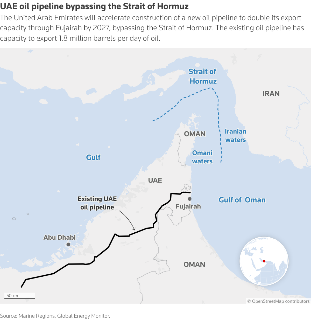 A map showing the existing UAE oil pipeline that bypasses the Strait of Hormuz PHOTO: REUTERS