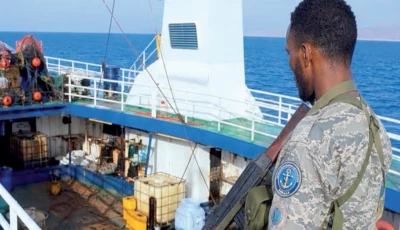 a puntland maritime police force soldier stands aboard the mt honour 25 oil tanker following its rescue off somalia photo x pmpfofficial