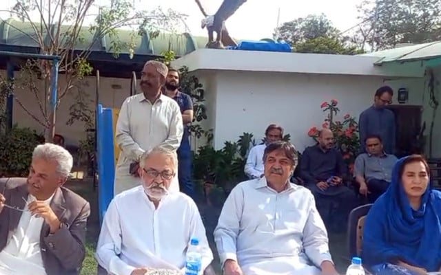 grand democratic alliance gda leaders holding a press conference at pagara house in karachi on monday february 12 2024 screengrab