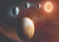 an artist s impression of a planetary system with four planets around a small red star called lhs1903 with a large reddish brown rocky planet with craters is visible in the foreground and three smaller planets photo reuters