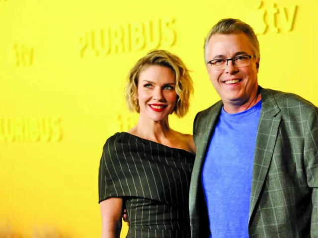 rhea seehorn and vince gilligan at a promotional event for pluribus photo the hollywood reporter