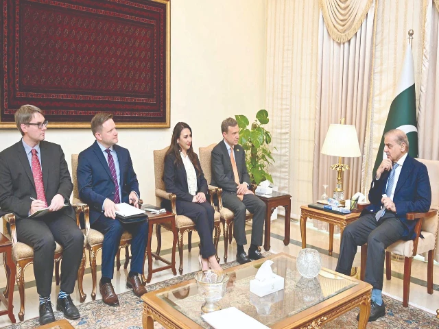 prime minister shehbaz sharif meets with a us delegation led by eric meyer senior bureau official for the bureau of south and central asian affairs at the state department in the federal capital photo ppi prime minister shehbaz sharif meets with a us delegation led by eric meyer senior bureau official for the bureau of south and central asian affairs at the state department in the federal capital photo ppi