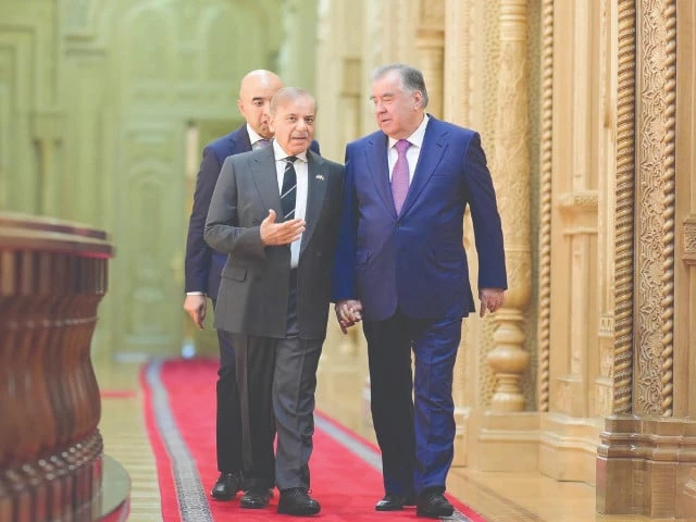 tajikistan president emomali rahmon welcomes prime minister shehbaz sharif upon his arrival at the palace of nations in dushanbe photo sabah tajikistan president emomali rahmon welcomes prime minister shehbaz sharif upon his arrival at the palace of nations in dushanbe photo sabah