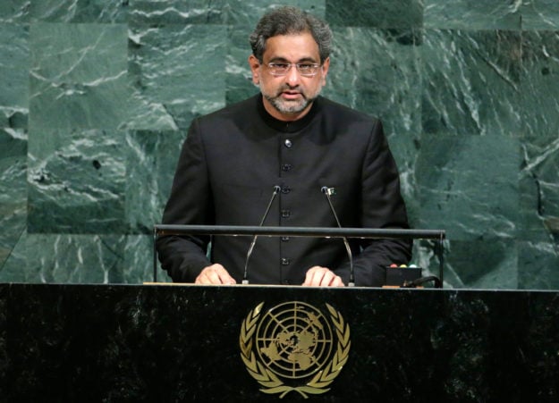 PM Abbasi addresses 72nd session of the UNGA. PHOTO: REUTERS