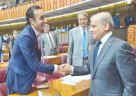 prime minister shehbaz sharif shakes hands with ppp chairperson bilawal bhutto zardari during the budget session photo ppi