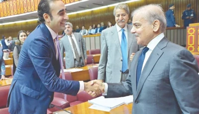 prime minister shehbaz sharif shakes hands with ppp chairperson bilawal bhutto zardari during the budget session photo ppi