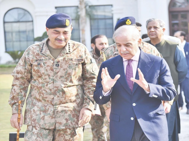 prime minister shehbaz sharif speaks with chief of army staff and chief of defence forces field marshal syed asim munir during a ghq visit in rawalpindi