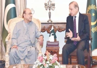 prime minister shehbaz sharif interacts with president asif ali zardari during a meeting at the presidency photo inp