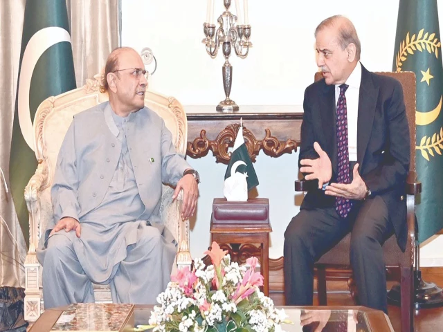 prime minister shehbaz sharif interacts with president asif ali zardari during a meeting at the presidency photo inp prime minister shehbaz sharif interacts with president asif ali zardari during a meeting at the presidency photo inp