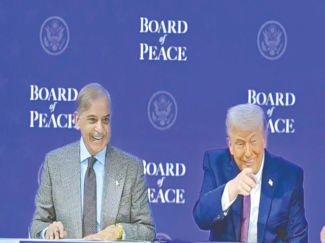 us president donald trump shares a lighter moment with prime minister shehbaz sharif during the unveiling of the board of peace on the sidelines of the world economic forum annual meeting in davos photo express us president donald trump shares a lighter moment with prime minister shehbaz sharif during the unveiling of the board of peace on the sidelines of the world economic forum annual meeting in davos photo express