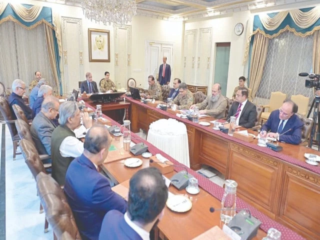 prime minister shehbaz sharif chairs a meeting attended by his cabinet members as well as field marshal syed asim munir photo app