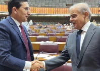 prime minister shehbaz sharif and pti chairman barrister gohar ali khan shake hands during a national assembly session on thursday june 26 2025 photo x government of pakistan
