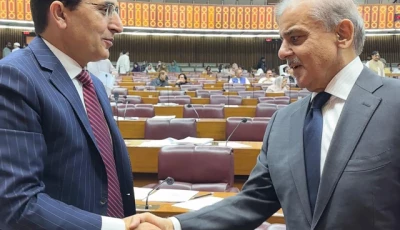 prime minister shehbaz sharif and pti chairman barrister gohar ali khan shake hands during a national assembly session on thursday june 26 2025 photo x government of pakistan