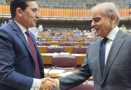 prime minister shehbaz sharif and pti chairman barrister gohar ali khan shake hands during a national assembly session on thursday june 26 2025 photo x government of pakistan