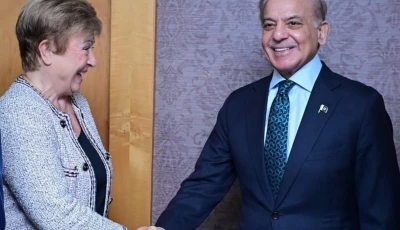 prime minister shehbaz sharif shakes hands with imf managing director kristalina georgieva during a meeting on the sidelines of the 81st session of the united nations general assembly in new york on wednesday photo x
