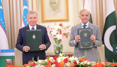prime minister muhammad shehbaz sharif and the uzbek president pose after signing a protocol to boost bilateral trade between pakistan and uzbekistan to 2bn annually on thursday photo x