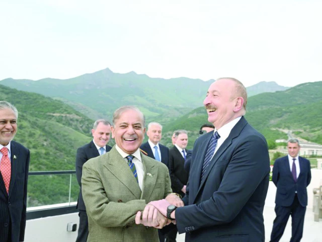 prime minister shehbaz sharif and azerbaijan president ilham aliyev share a light moment during their visit to lachin karabakh photo express prime minister shehbaz sharif and azerbaijan president ilham aliyev share a light moment during their visit to lachin karabakh photo express