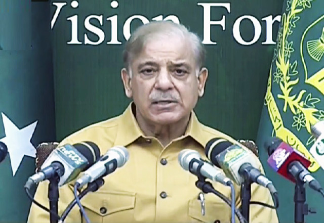 prime minister shehbaz sharif is addressing a press conference in islamabad screengrab