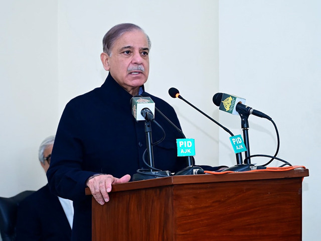 prime minister shehbaz sharif addressing a cheque distribution ceremony among the affected people by torrential rains and snowfall in azad jammu and kashmir ajk on friday march 8 2024 photo pid