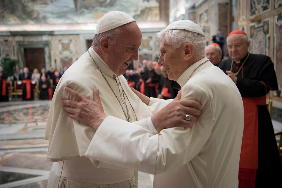 former pope benedict r is greeted by pope francis during a ceremony to mark his 65th anniversary of ordination to the priesthood at the vatican june 28 2016 photo reuters file