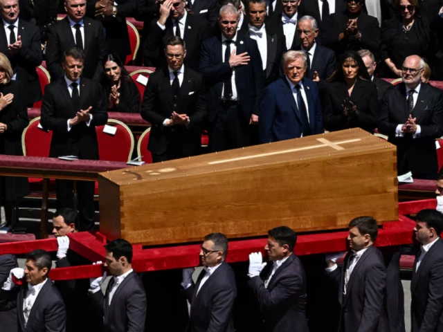 us president donald trump first lady melania trump france s president emmanuel macron and his wife brigitte macron stand as the coffin is carried on the day of the funeral of pope francis in st peter s square at the vatican april 26 2025 photo reuters us president donald trump first lady melania trump france s president emmanuel macron and his wife brigitte macron stand as the coffin is carried on the day of the funeral of pope francis in st peter s square at the vatican april 26 2025 photo reuters