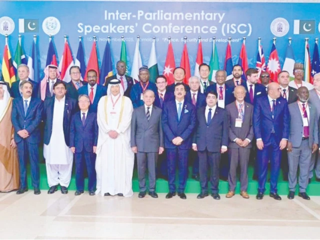 prime minister shehbaz sharif poses for a group photo at the inter parliamentary speakers conference in islamabad photo express