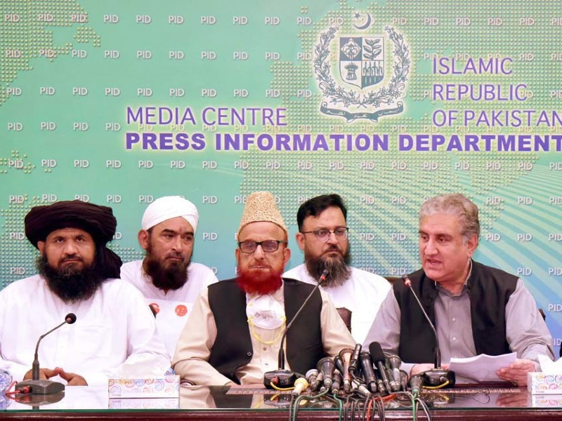 speaker national assembly asad qaiser foreign minister shah mahmood qureshi mufti muneeb ur rehman addressing a joint press conference in islamabad on october 31 2021 photo pid