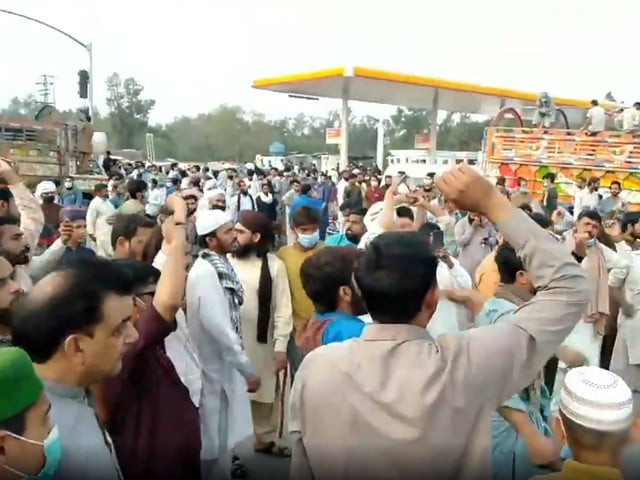workers of the banned tehreek e labbaik pakistan chant slogans during a protest photo screengrab file workers of the banned tehreek e labbaik pakistan chant slogans during a protest photo screengrab file