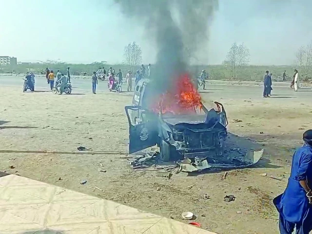 a police vehicle burns as violence erupts during a protest against the indus canals in karachi s gulshan e hadeed photo express a police vehicle burns as violence erupts during a protest against the indus canals in karachi s gulshan e hadeed photo express