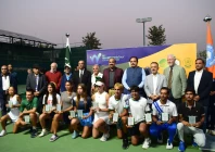 the winners of the itf pakistan ali embroidery world junior tennis championship j 30 leg 2  2025 pose with chief guests at the closing ceremony photo ptf