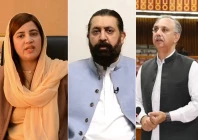 pti leaders from left zartaj gul sheikh waqas and omar ayub photo files