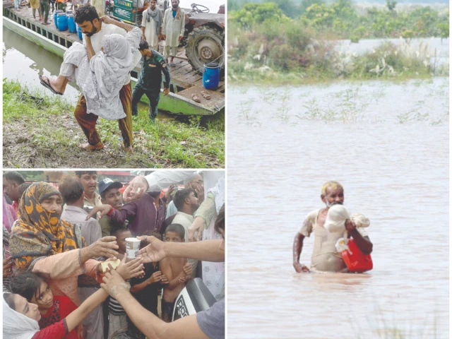 clockwise a man carries a relative to safety in flood hit kasur another wades through rising waters of the chenab near multan and volunteers distribute tea at a relief camp in lahore photos by agencies