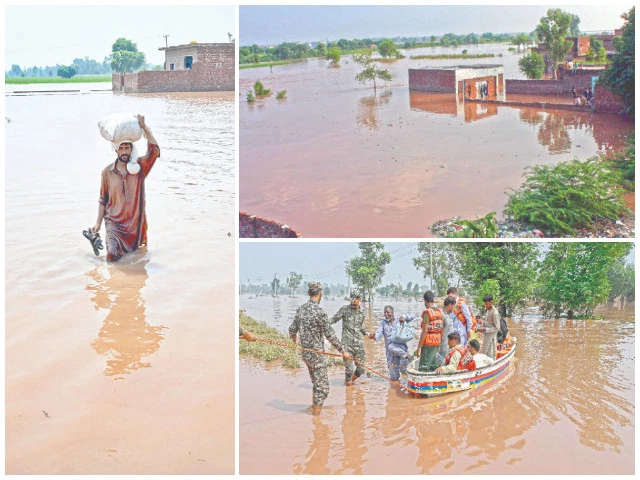 clockwise a man wades through floodwaters in nankana riverside settlements in lahore are inundated and pakistan rangers join rescue teams to evacuate marooned residents from a submerged kartarpur area photos agencies clockwise a man wades through floodwaters in nankana riverside settlements in lahore are inundated and pakistan rangers join rescue teams to evacuate marooned residents from a submerged kartarpur area photos agencies