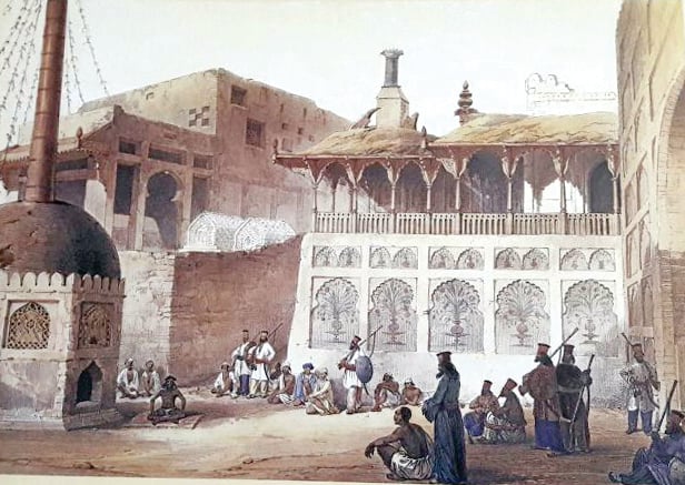 An illustration of Lal Shahbaz Qalandar's shrine in Sehwan as it was in mid-1800s. PHOTO: COURTESY SINDH CULTURE DEPARTMENT